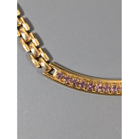 Gold Tone Panther Link Chain Pink Rhinestone Birthstone Statement Necklace 18" - Picture 5 of 11